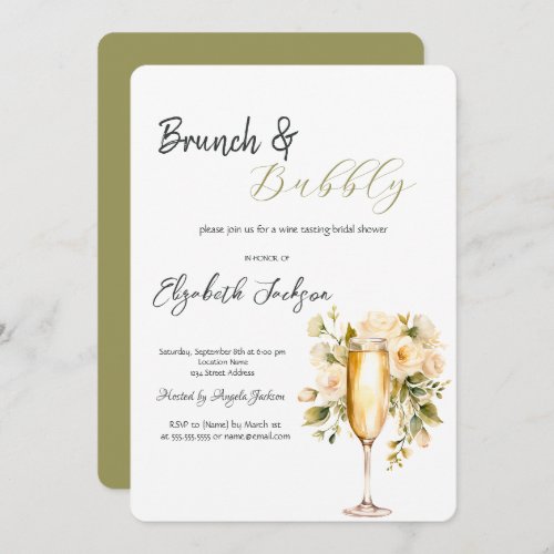 Wine Bottle Glass Flower Green Brunch  Bubbly  Invitation