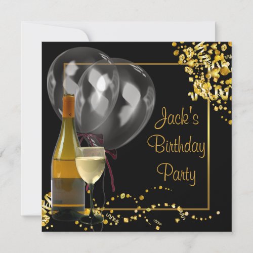 Wine Bottle Glass Gold Black Mans Birthday Party Personalized Invite