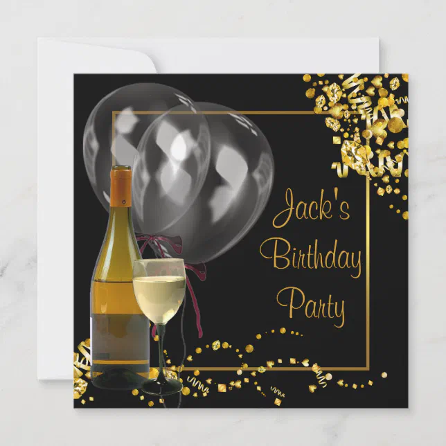 Wine Bottle Glass Gold Black Mans Birthday Party Invitation | Zazzle