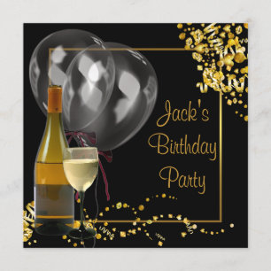Wine Bottle Glass Gold Black Mans Birthday Party Invitation
