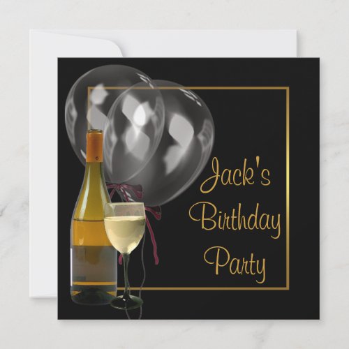 Wine Bottle Glass Gold Black Mens Birthday Party Custom Announcements