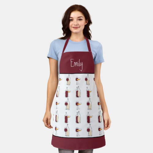 Wine Bottle Glass Pattern Name Burgundy White Apron