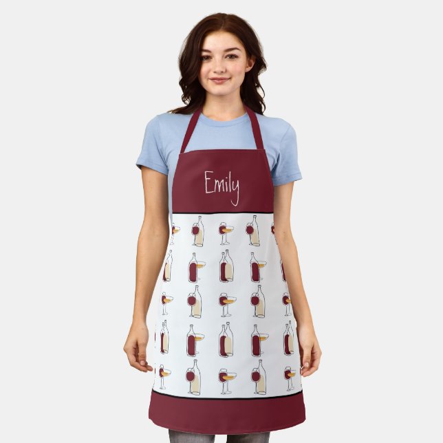 Wine Bottle Glass Pattern Name Burgundy White Apron (Worn)