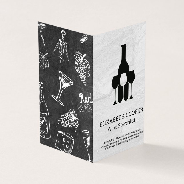 Wine Bottle Glasses Logo | Marble Background Business Card (Outside)
