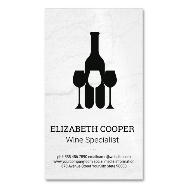 Wine Bottle Glasses Logo | Marble Background Business Card Magnet (Front Vertical)