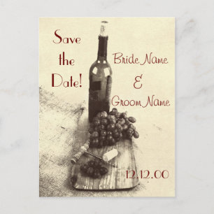 Wine bottle grapes and corkscrew announcement postcard