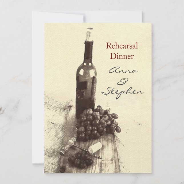 Wine bottle, grapes, corkscrew and corks invitation (Front)