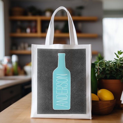 Wine Bottle Illustration _ Modern White Name Grocery Bag