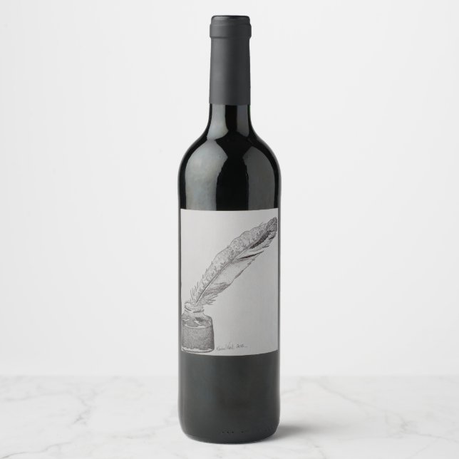 Wine bottle label, Feather n ink, Wedding feather Label (Front)