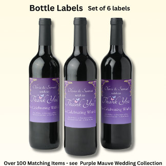 Wine Bottle Labels, Purple Mauve Flowers Wine Label