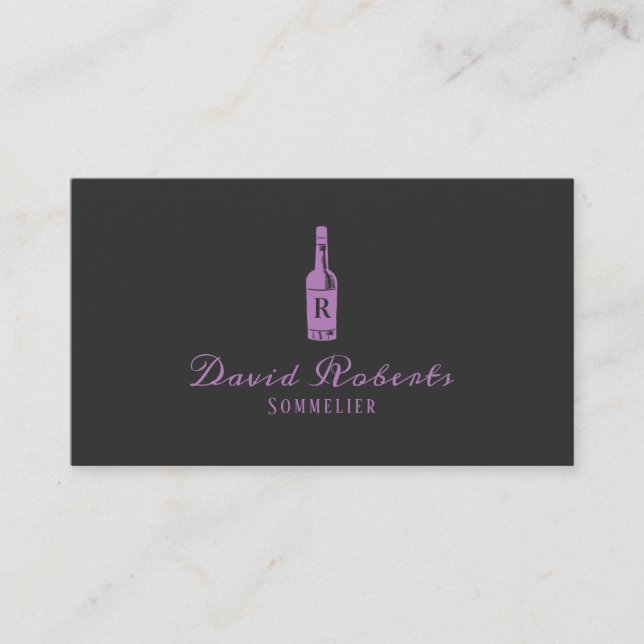 Wine Bottle Logo Bartender Sommelier Elegant Dark Business Card (Front)