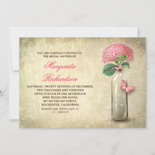 Wine bottle &amp; pink flowers bridal shower invites