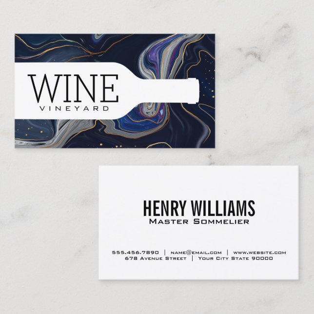 Wine Bottle | Purple Blue Gold Marble Business Card (Front/Back)