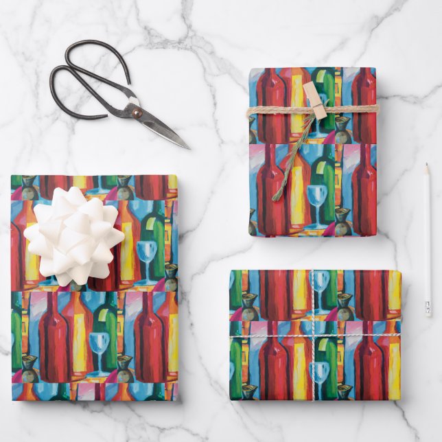 Wine Bottle Repeating Art Colorful Modern Wrapping Paper Sheets (Front)