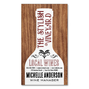 Wine Bottle Stylish Fonts Wood Business Card Magnet