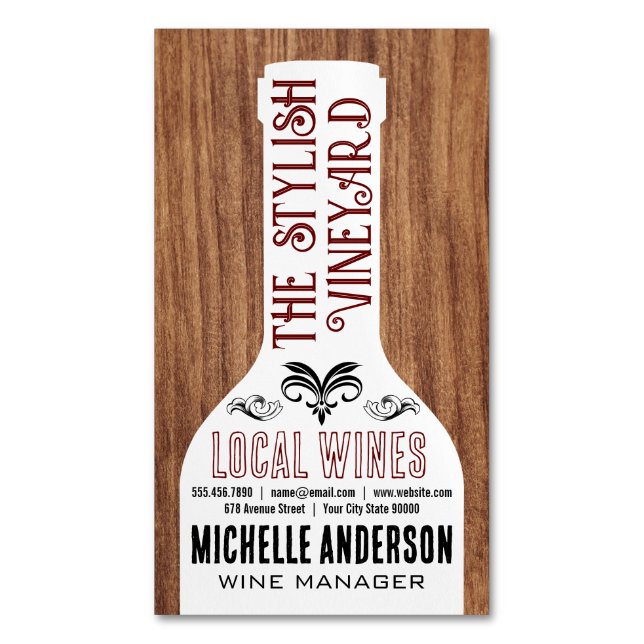 Wine Bottle | Stylish Fonts | Wood Business Card Magnet (Front Vertical)