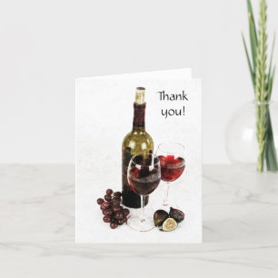 wine bottle, wine glass and fruit thank you note card