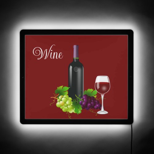 Wine Bottle Wine Glass  Grapes on Burgundy LED Sign
