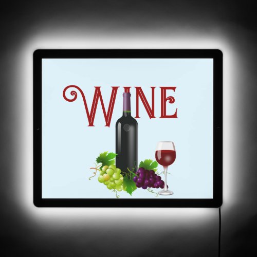 Wine Bottle Wine Glass  Grapes on Light Blue LED Sign