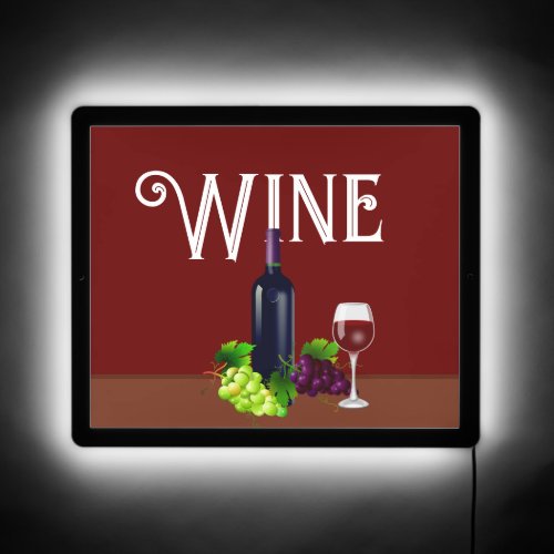 Wine Bottle Wine Glass  Grapes on Maroon LED Sign