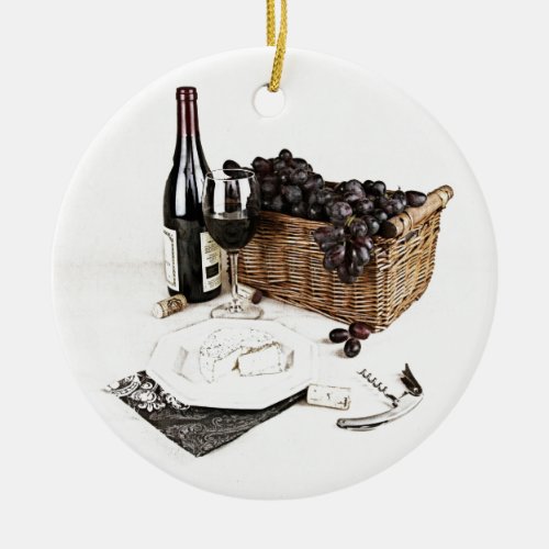 Wine bottle wine glasses and basket of grapes ceramic ornament