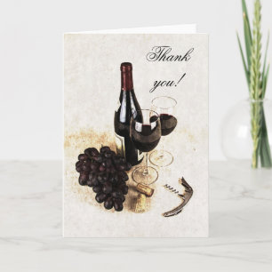 Wine bottle, wine glasses, grapes and corkscrew letterpress thank you card