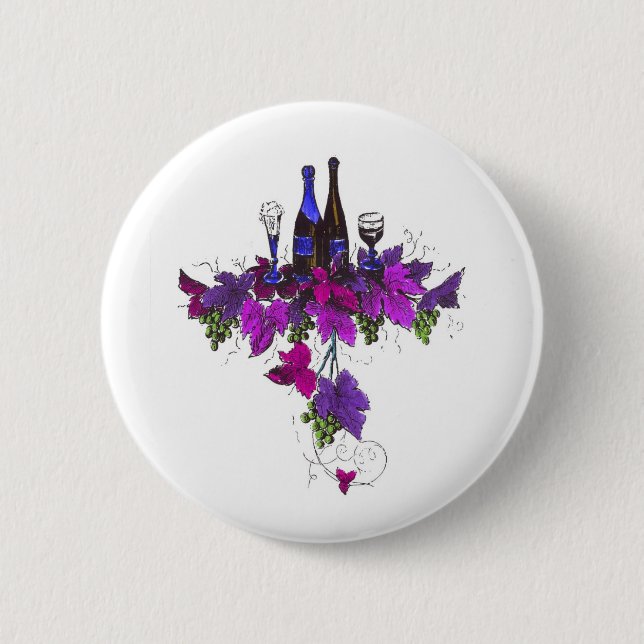 Wine bottles against purplish leaves pinback button (Front)