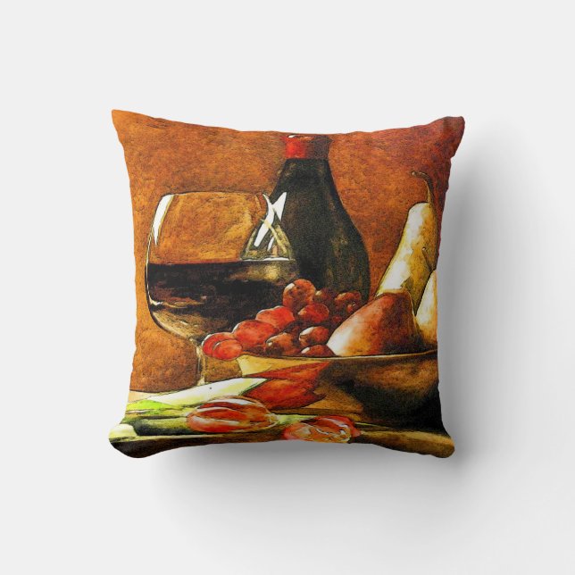 Wine Bottles and Fruit Throw Pillow (Front)