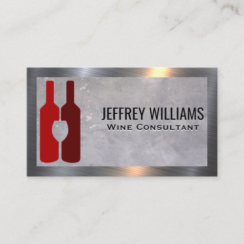 Wine Bottles and Glass  Metallic Border Business Card