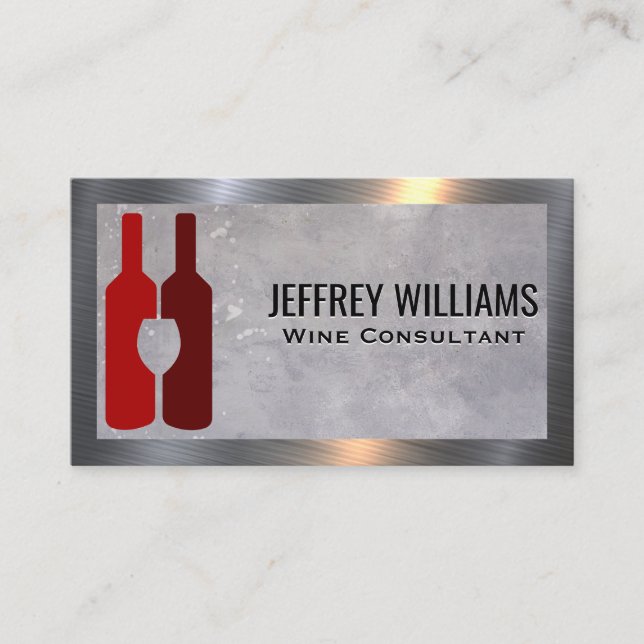 Wine Bottles and Glass | Metallic Border Business Card (Front)