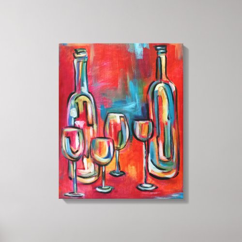 Wine Bottles and Glasses Red Blue Canvas Print