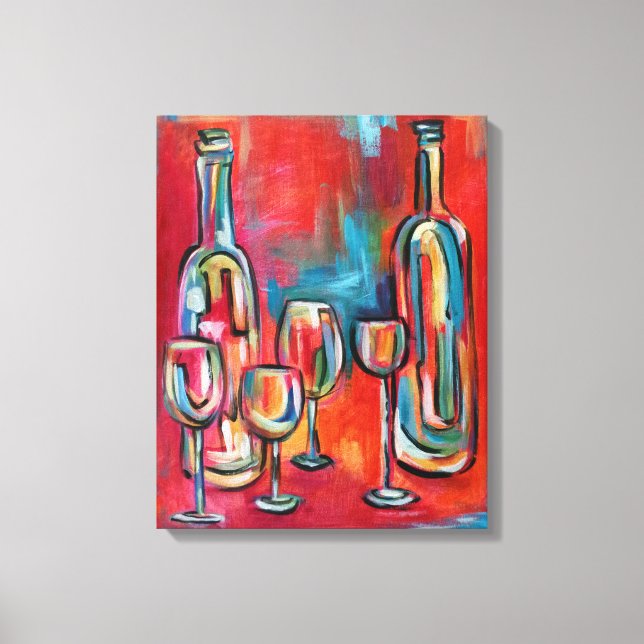 Wine Bottles and Glasses Red Blue Canvas Print (Front)