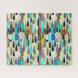 Wine Bottles, Blue Brown Turquoise and Beige Jigsaw Puzzle