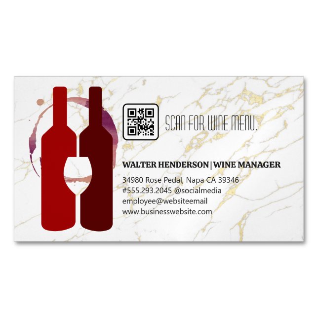 Wine Bottles Glass Red | Gold Marble Business Card Magnet (Front)