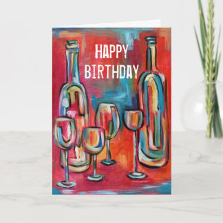 Wine Bottles Glasses Birthday Red Blue Jazzy Artsy Card