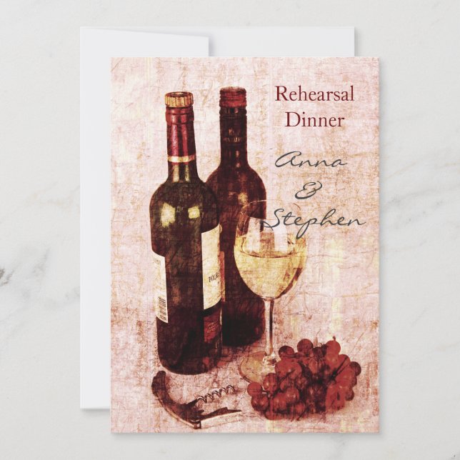 Wine bottles, grapes, corkscrew and glass invitation (Front)