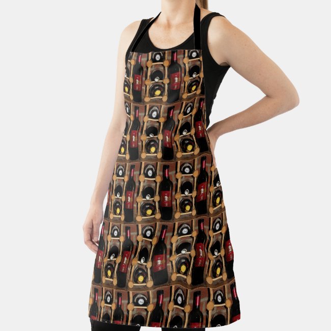 Wine Bottles in Red Brown Black Pattern Apron