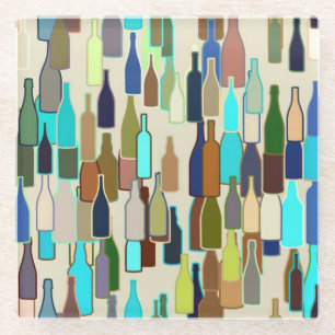 Wine bottles, multi color, beige background glass coaster