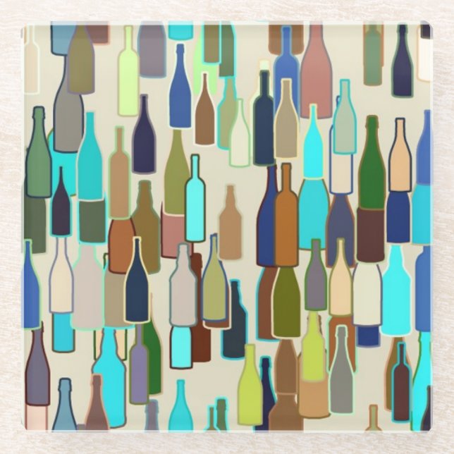 Wine bottles, multi color, beige background glass coaster (Front)