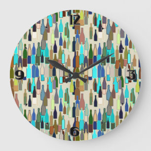 Wine bottles, multi color, beige background large clock