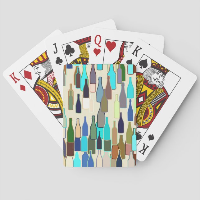 Wine bottles, multi color, beige background poker cards (Back)