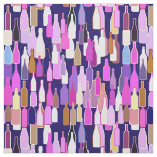 Wine bottles, multi color, dark blue background fabric