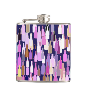 Wine bottles, multi color, dark blue background hip flask