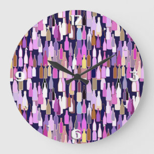 Wine bottles, multi color, dark blue background large clock