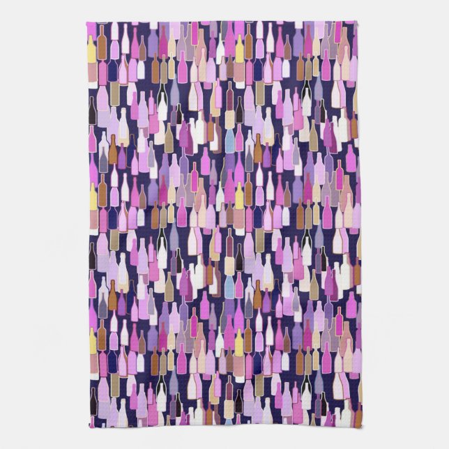 Wine bottles, multi color, dark blue background towel (Vertical)