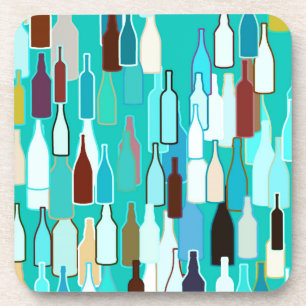 Wine bottles, multi colors, turquoise background beverage coaster
