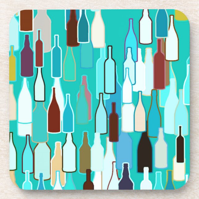 Wine bottles, multi colors, turquoise background beverage coaster (Front)