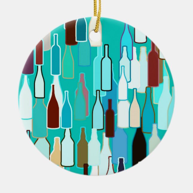Wine bottles, multi colors, turquoise background ceramic ornament (Front)