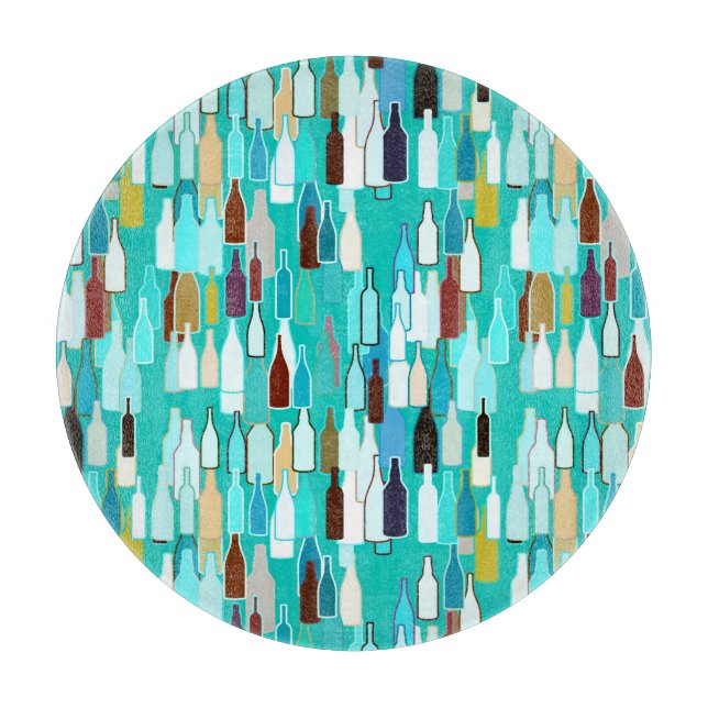 Wine bottles, multi colors, turquoise background cutting board (Front)