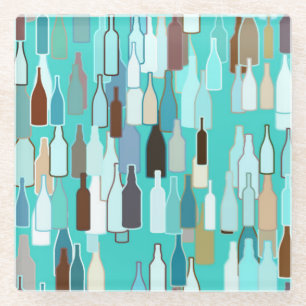 Wine bottles, multi colors, turquoise background glass coaster